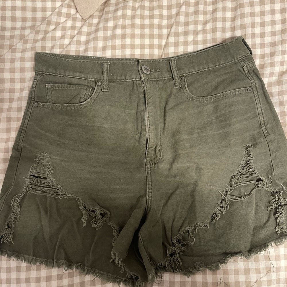 American Eagle Outfitters Green High Rise Raw Hem Denim Mom Shorts